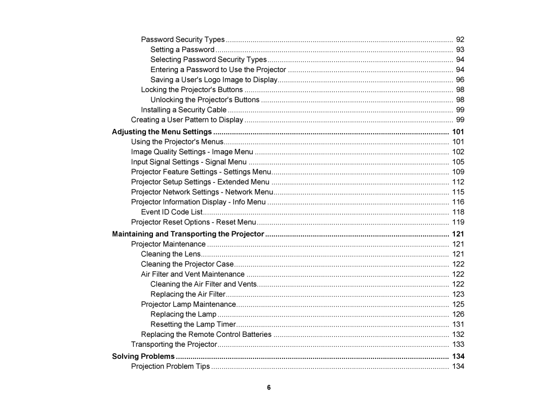 Epson V11H469020 manual Adjusting the Menu Settings 101, 121, Solving Problems 134 