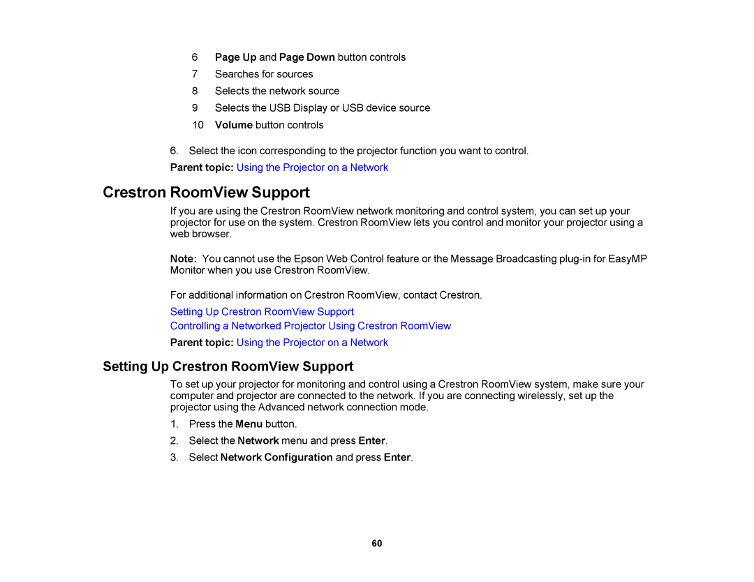 Epson V11H469020 manual Setting Up Crestron RoomView Support 