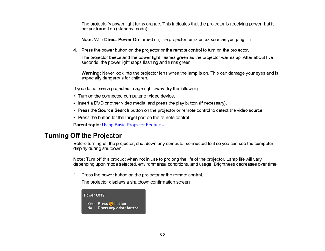 Epson V11H469020 manual Turning Off the Projector 