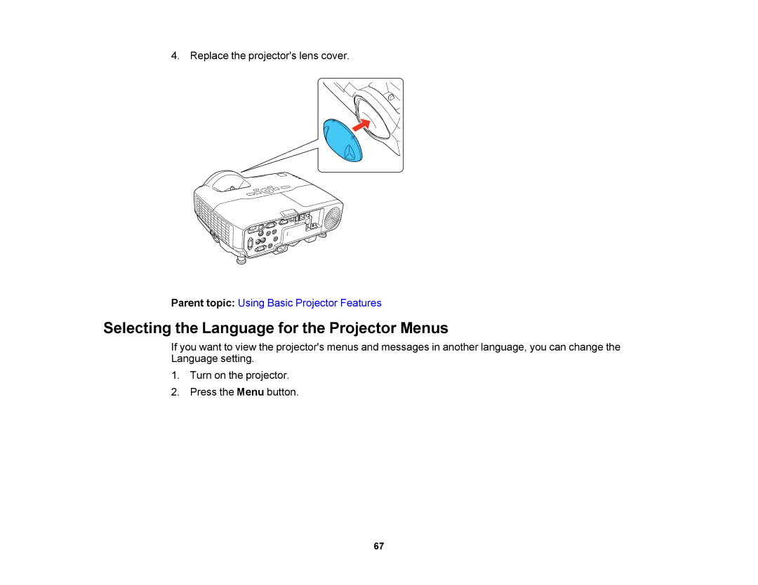 Epson V11H469020 manual Selecting the Language for the Projector Menus 