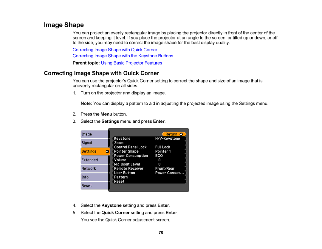 Epson V11H469020 manual Correcting Image Shape with Quick Corner 