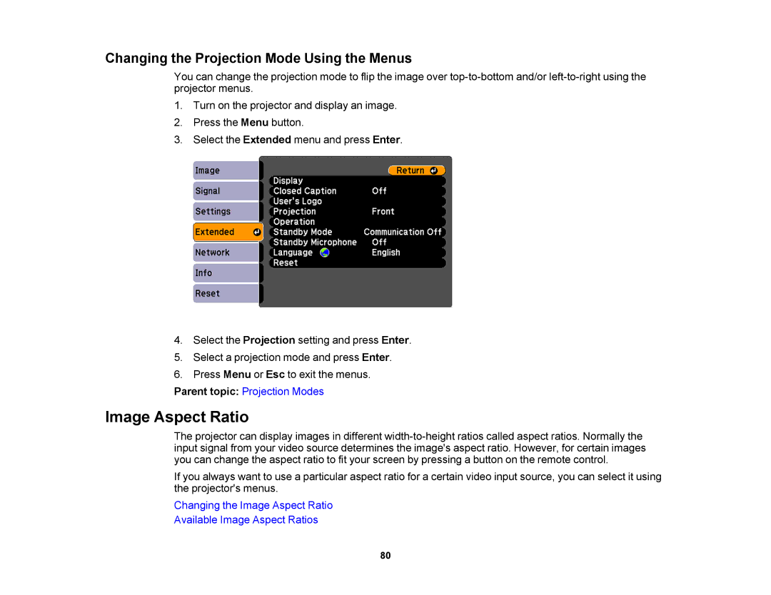 Epson V11H469020 manual Image Aspect Ratio, Changing the Projection Mode Using the Menus 