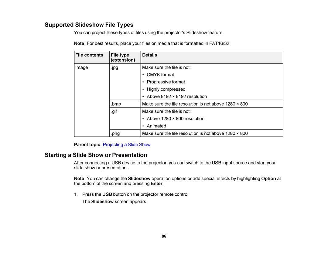 Epson V11H469020 manual Supported Slideshow File Types, Starting a Slide Show or Presentation 