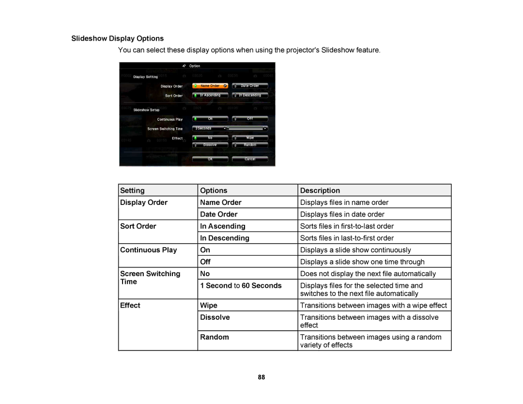 Epson V11H469020 manual Slideshow Display Options 