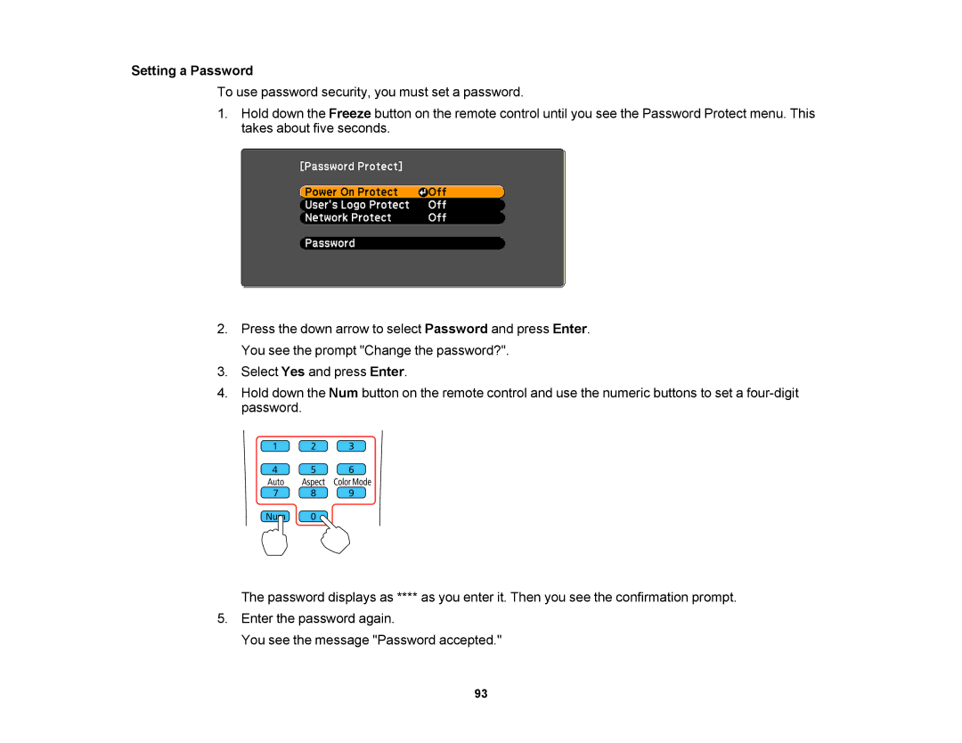 Epson V11H469020 manual Setting a Password 