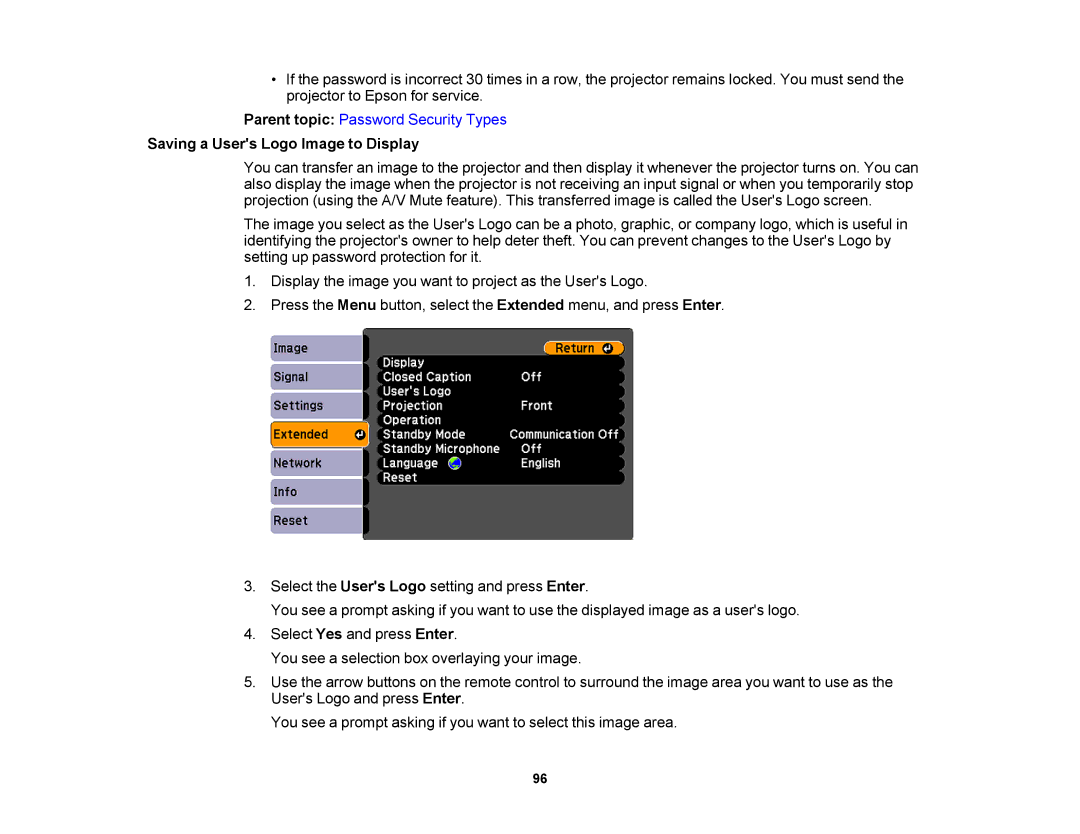 Epson V11H469020 manual Saving a Users Logo Image to Display 