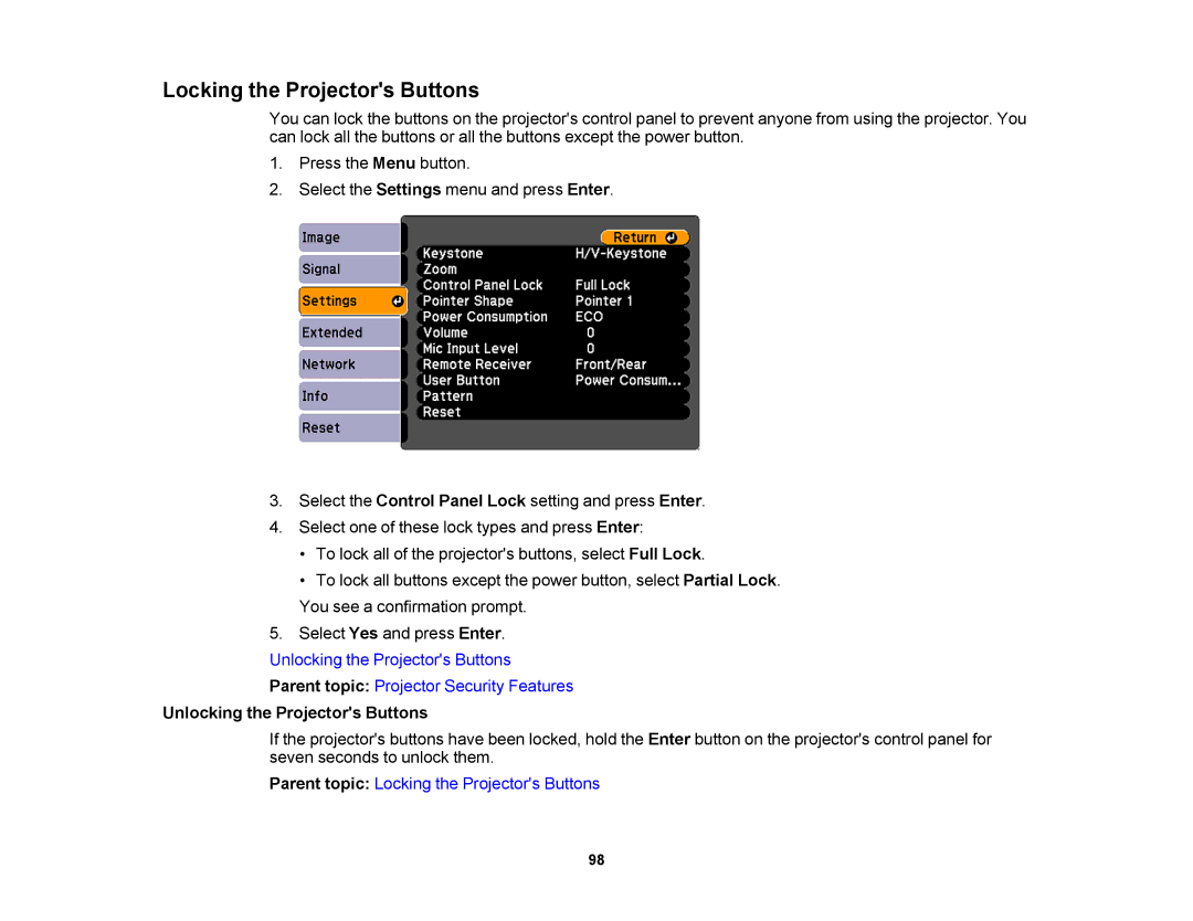 Epson V11H469020 manual Locking the Projectors Buttons, Unlocking the Projectors Buttons 