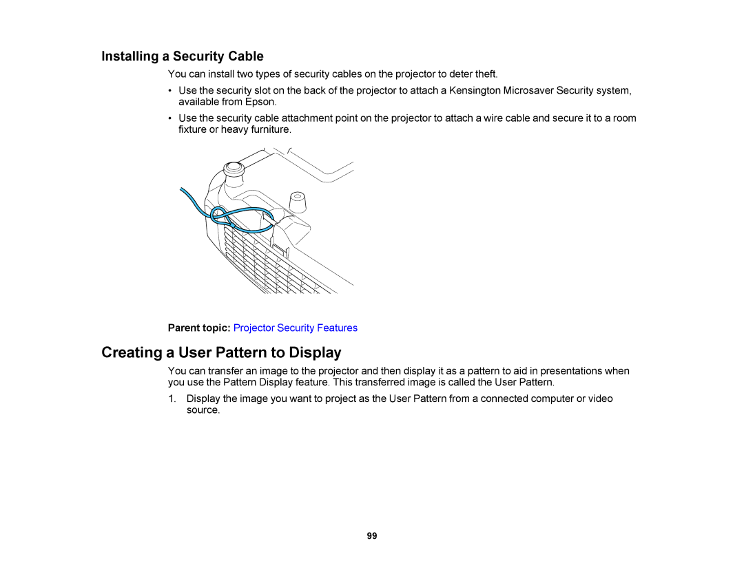 Epson V11H469020 manual Creating a User Pattern to Display, Installing a Security Cable 