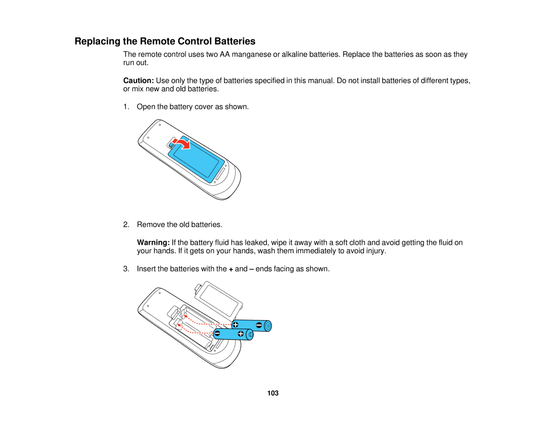 Epson V11H561020 manual Replacing the Remote Control Batteries 