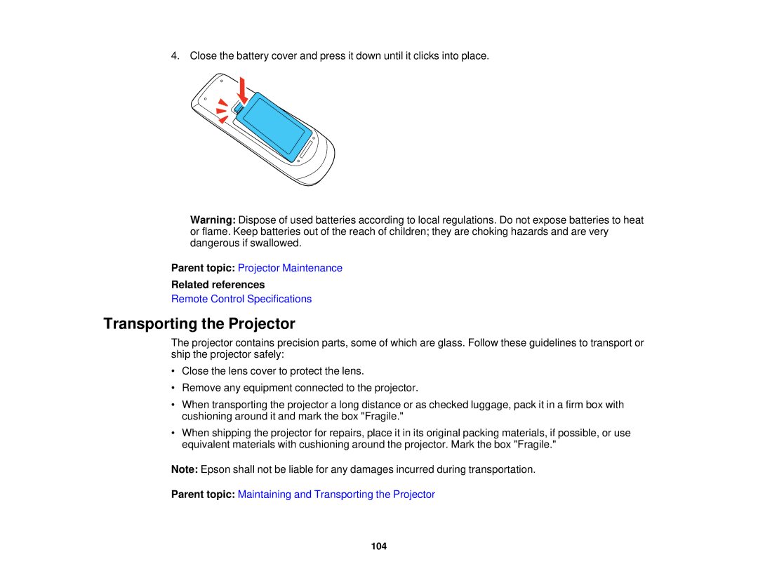 Epson V11H561020 manual Transporting the Projector, Related references 