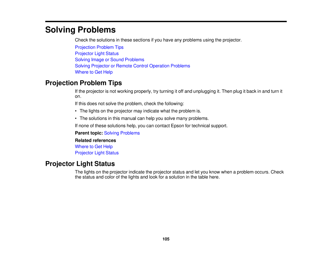 Epson V11H561020 manual Projection Problem Tips, Projector Light Status 