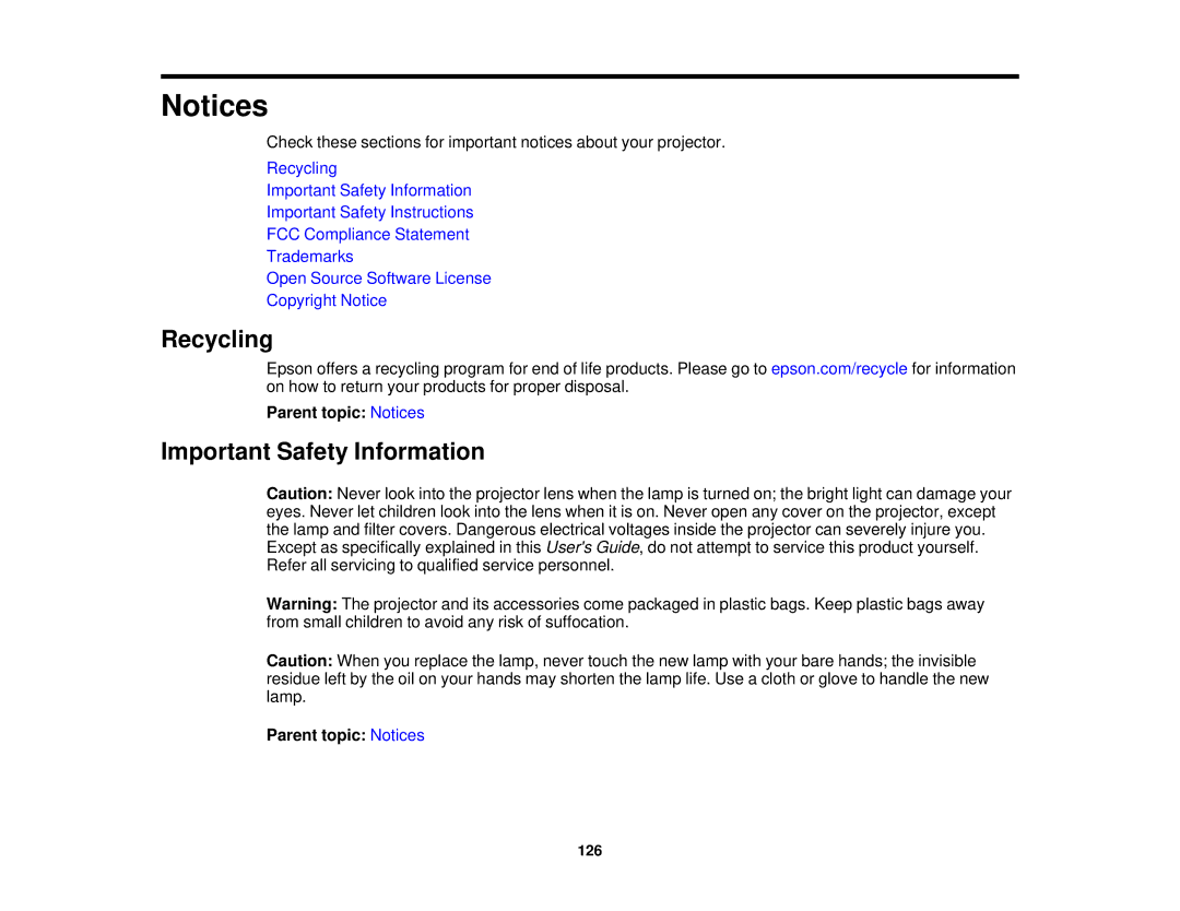 Epson V11H561020 manual Recycling, Important Safety Information, Parent topic Notices 