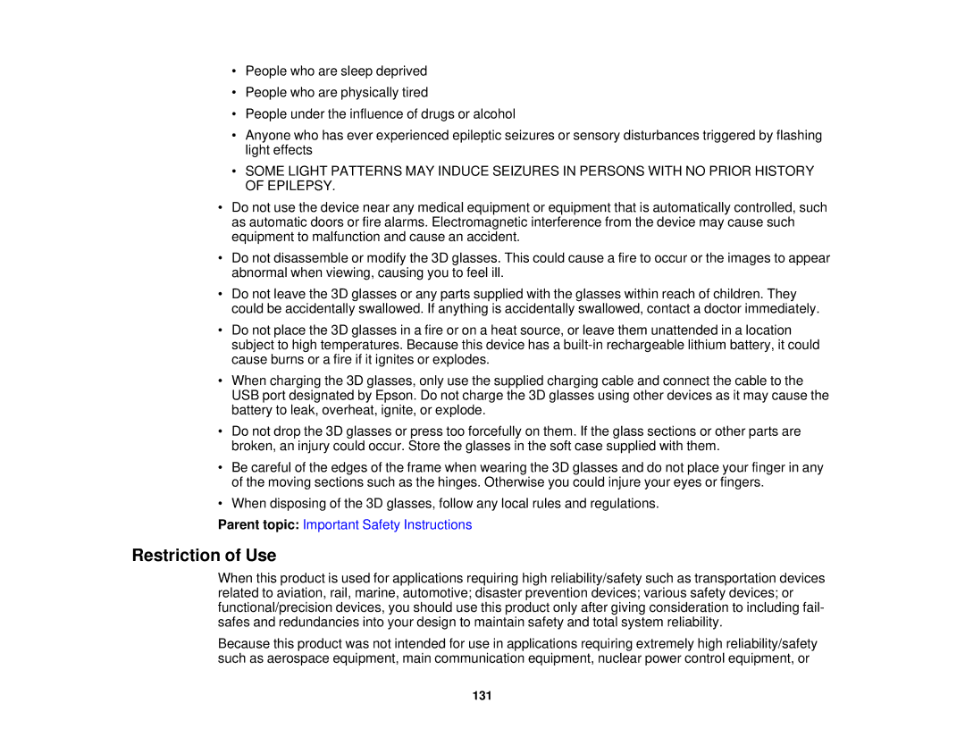 Epson V11H561020 manual Restriction of Use 