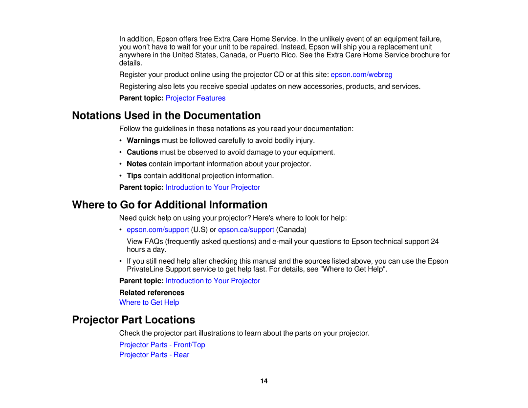 Epson V11H561020 Notations Used in the Documentation, Where to Go for Additional Information, Projector Part Locations 