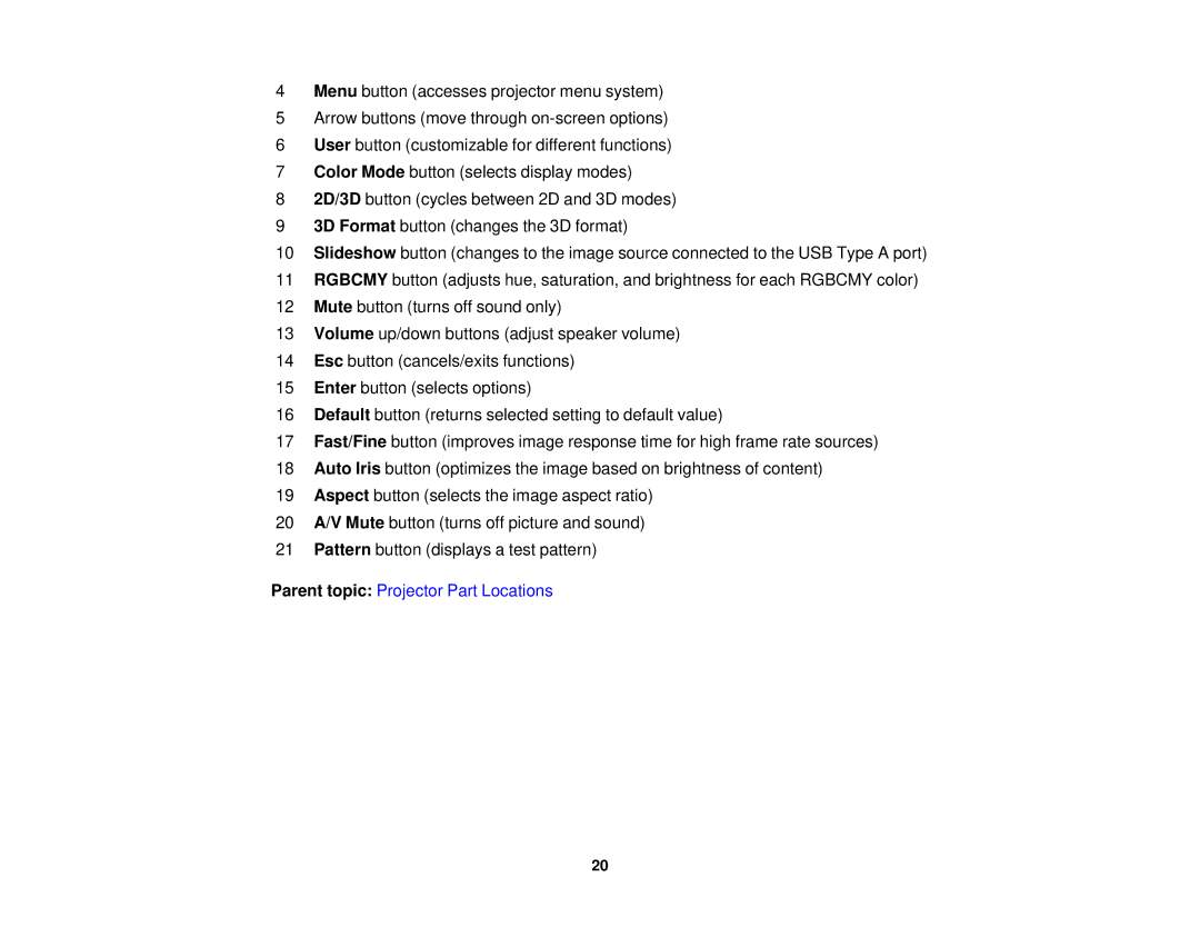 Epson V11H561020 manual Parent topic Projector Part Locations 