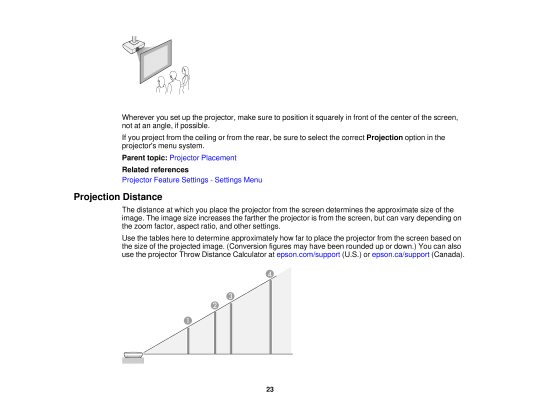 Epson V11H561020 manual Projection Distance, Related references 