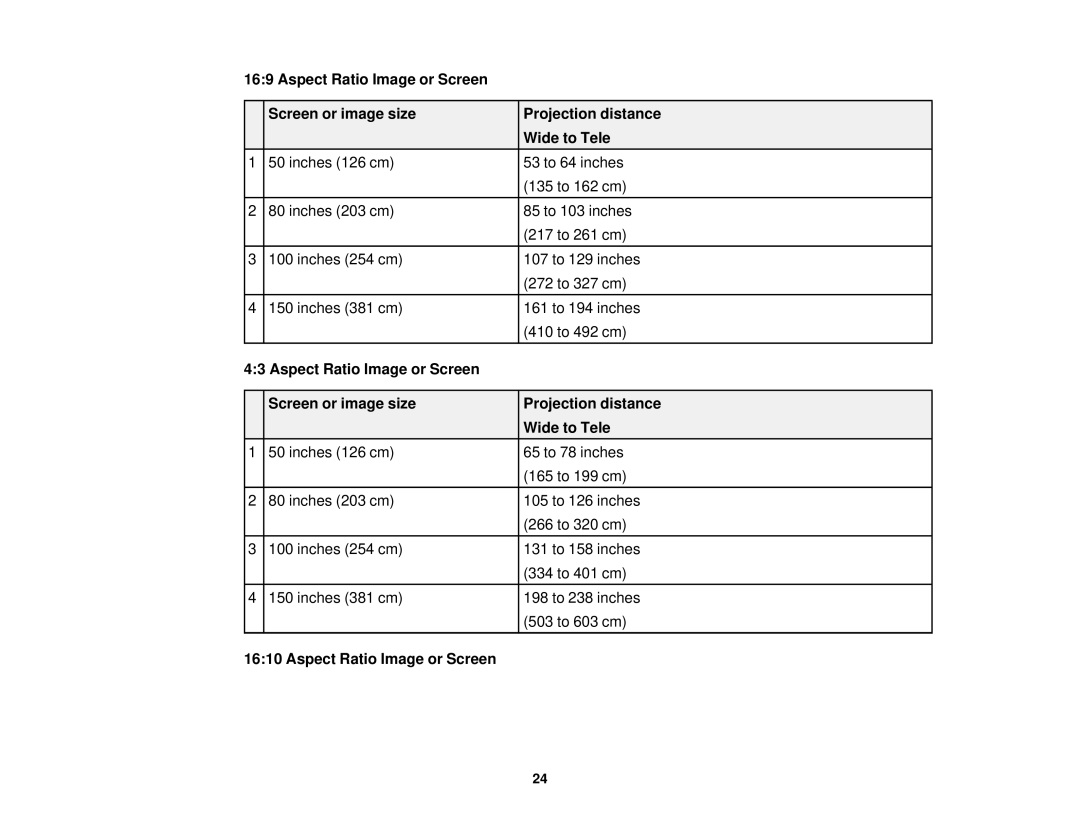 Epson V11H561020 manual Aspect Ratio Image or Screen 