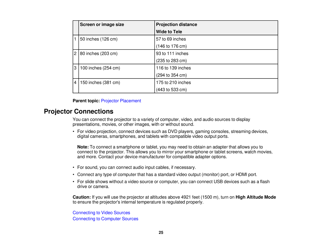 Epson V11H561020 manual Projector Connections, Screen or image size Projection distance Wide to Tele 