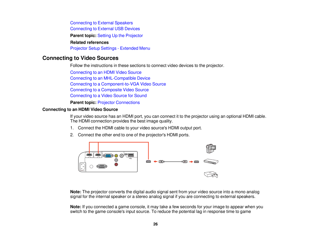 Epson V11H561020 manual Connecting to Video Sources, Connecting to an Hdmi Video Source 