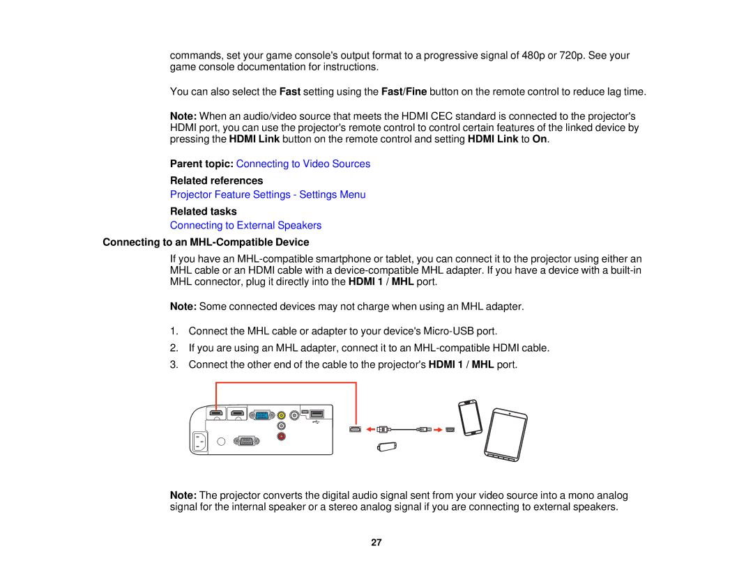 Epson V11H561020 manual Related tasks, Connecting to an MHL-Compatible Device 