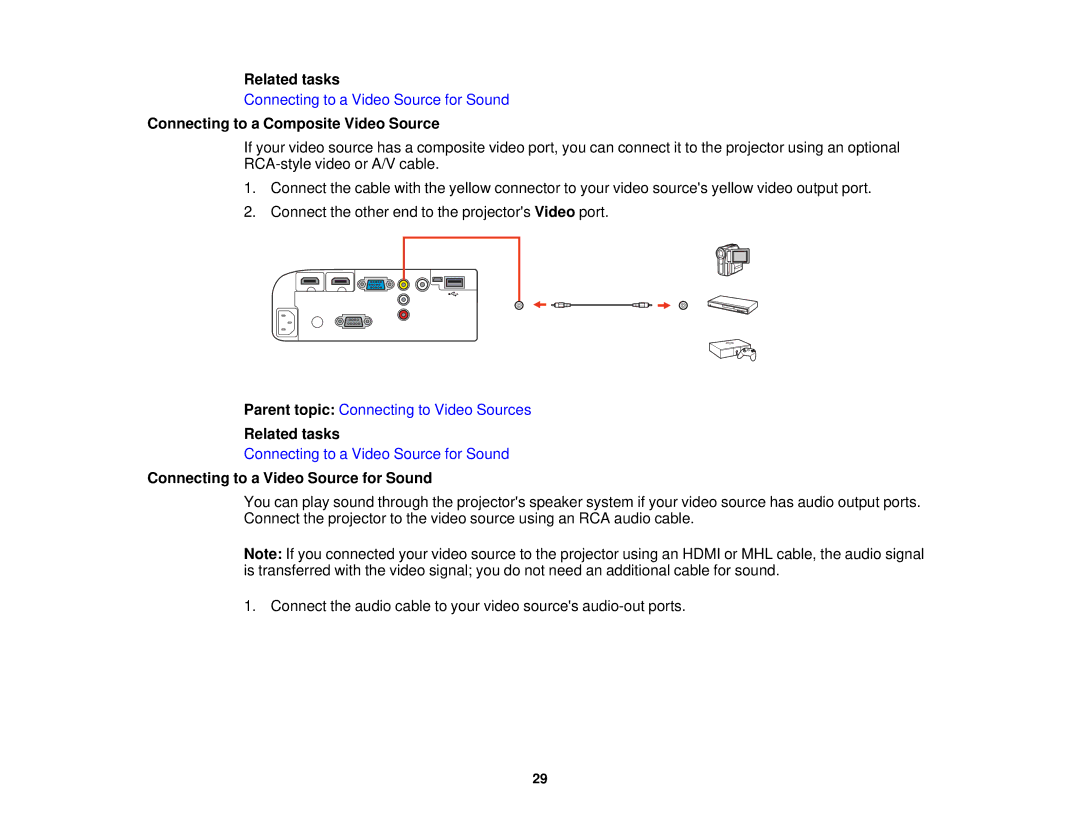 Epson V11H561020 manual Connecting to a Composite Video Source, Connecting to a Video Source for Sound 