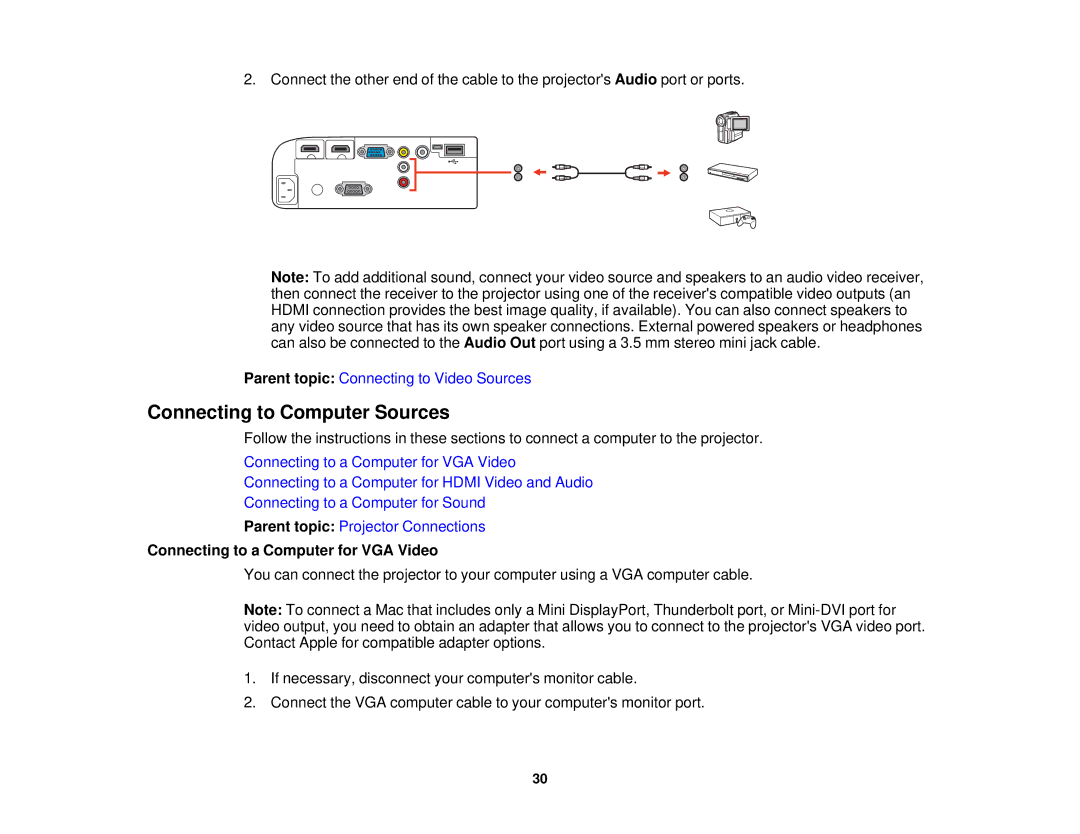 Epson V11H561020 manual Connecting to Computer Sources, Connecting to a Computer for VGA Video 