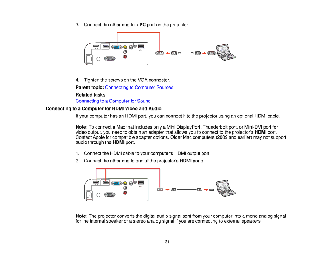 Epson V11H561020 manual Connecting to a Computer for Hdmi Video and Audio 