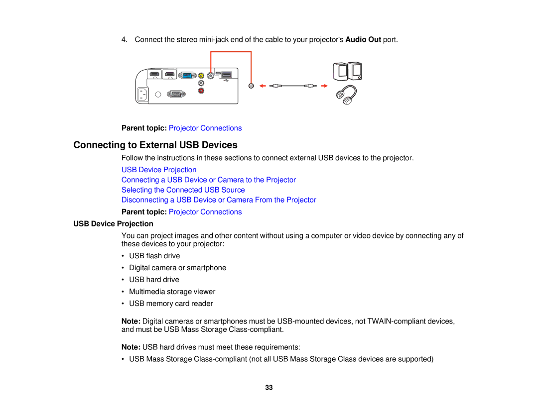 Epson V11H561020 manual Connecting to External USB Devices, USB Device Projection 