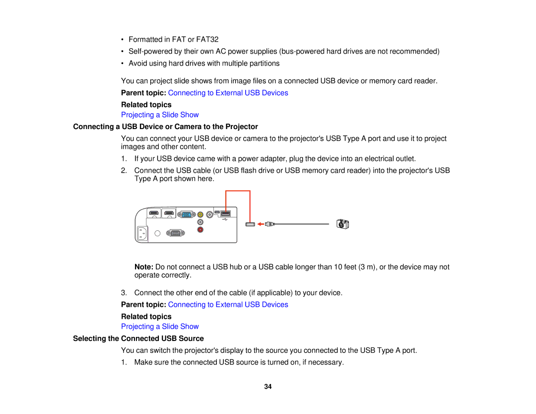 Epson V11H561020 Related topics, Connecting a USB Device or Camera to the Projector, Selecting the Connected USB Source 