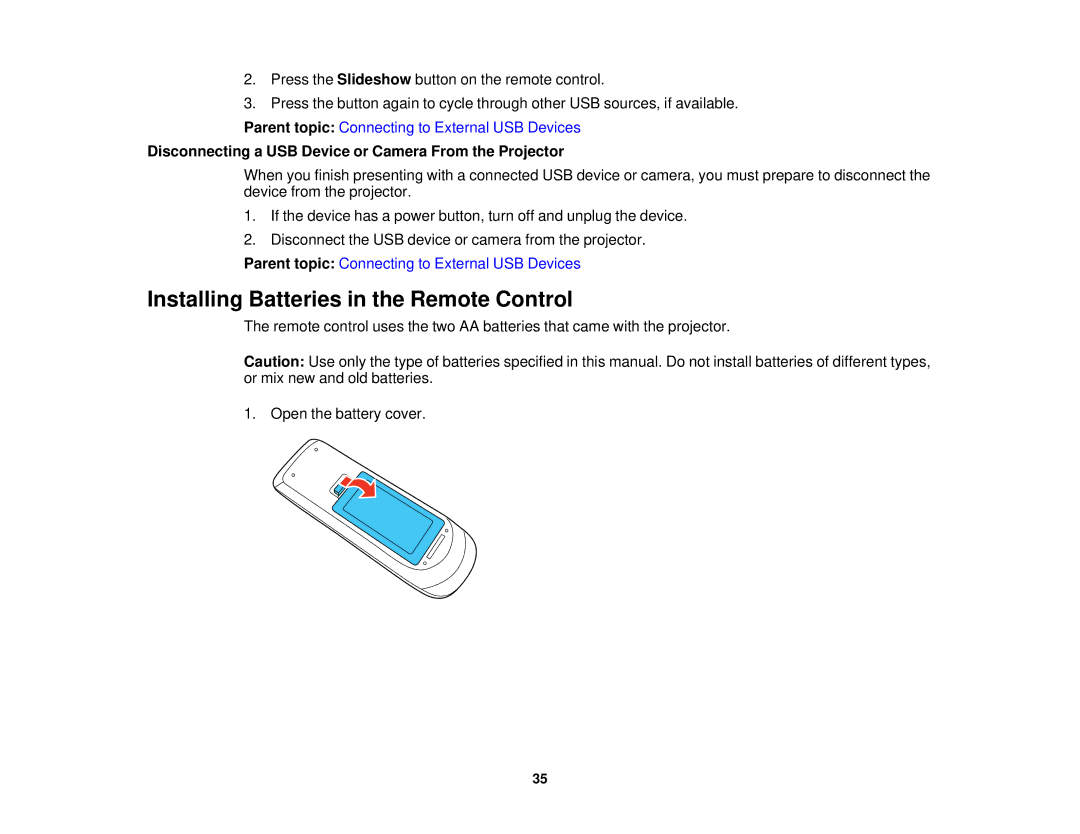 Epson V11H561020 manual Installing Batteries in the Remote Control, Disconnecting a USB Device or Camera From the Projector 