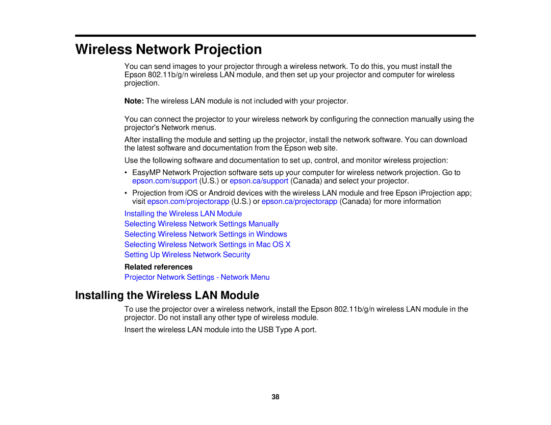 Epson V11H561020 manual Wireless Network Projection, Installing the Wireless LAN Module 