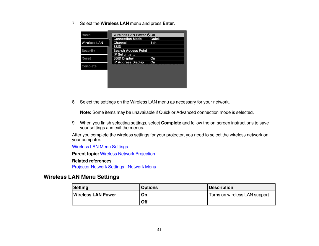 Epson V11H561020 manual Wireless LAN Menu Settings, Related references 