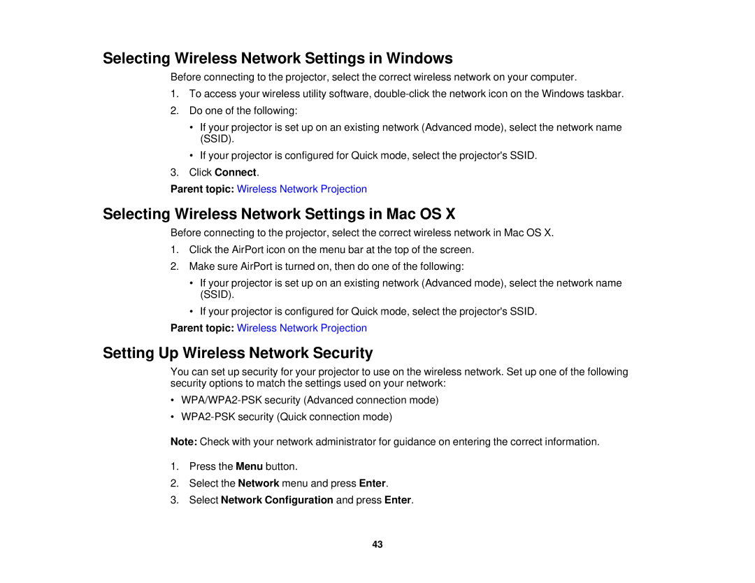 Epson V11H561020 manual Selecting Wireless Network Settings in Windows, Selecting Wireless Network Settings in Mac OS 