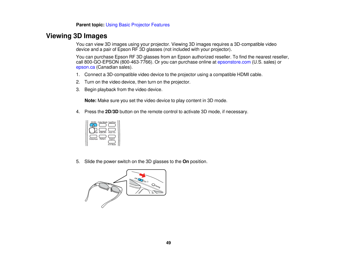 Epson V11H561020 manual Viewing 3D Images 