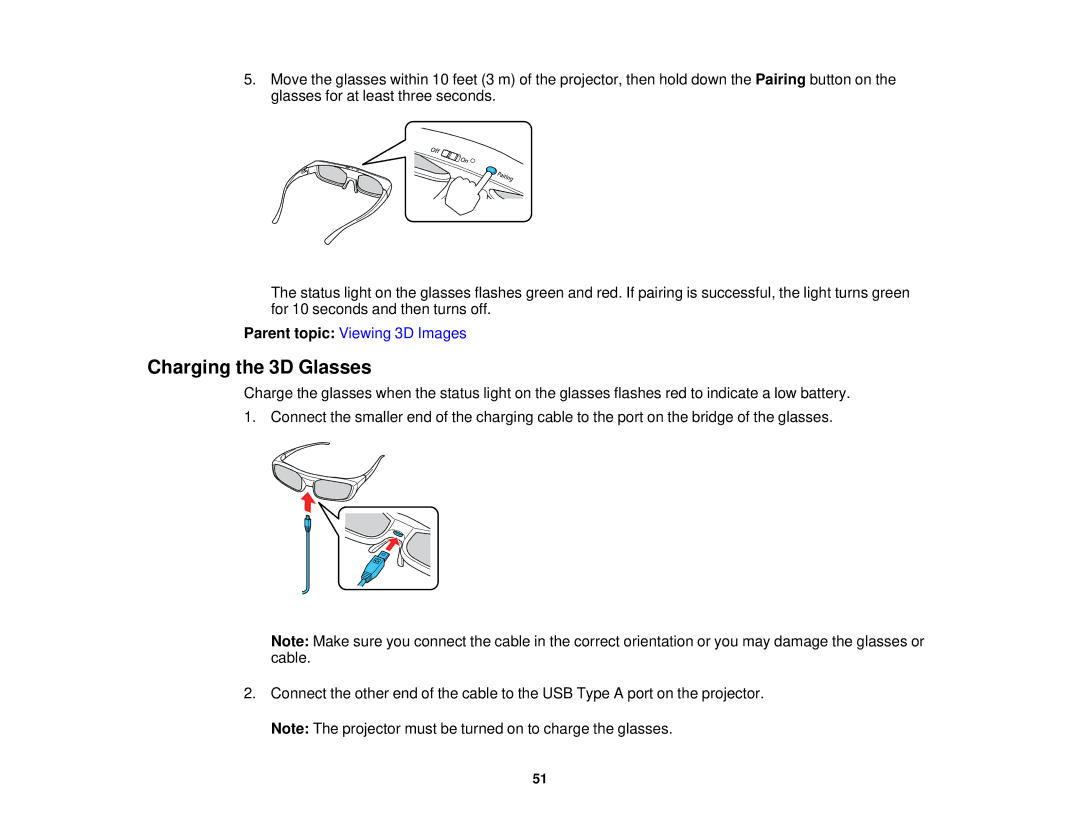 Epson V11H561020 manual Charging the 3D Glasses 