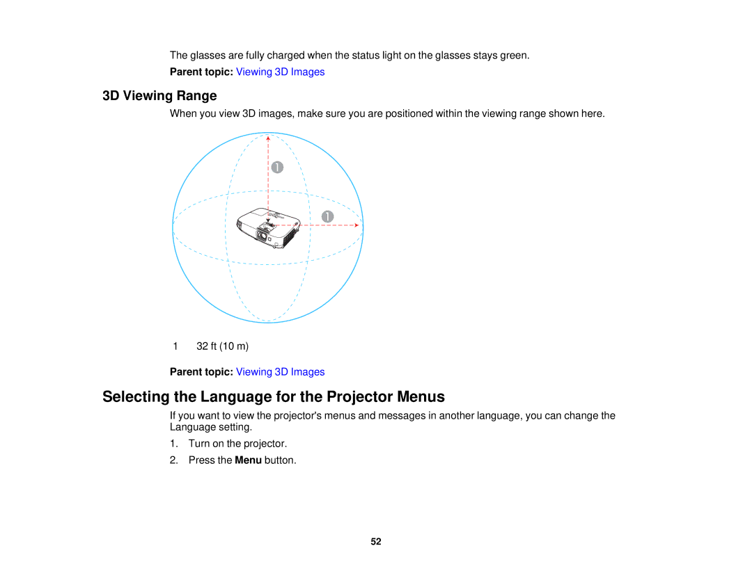 Epson V11H561020 manual Selecting the Language for the Projector Menus, 3D Viewing Range 