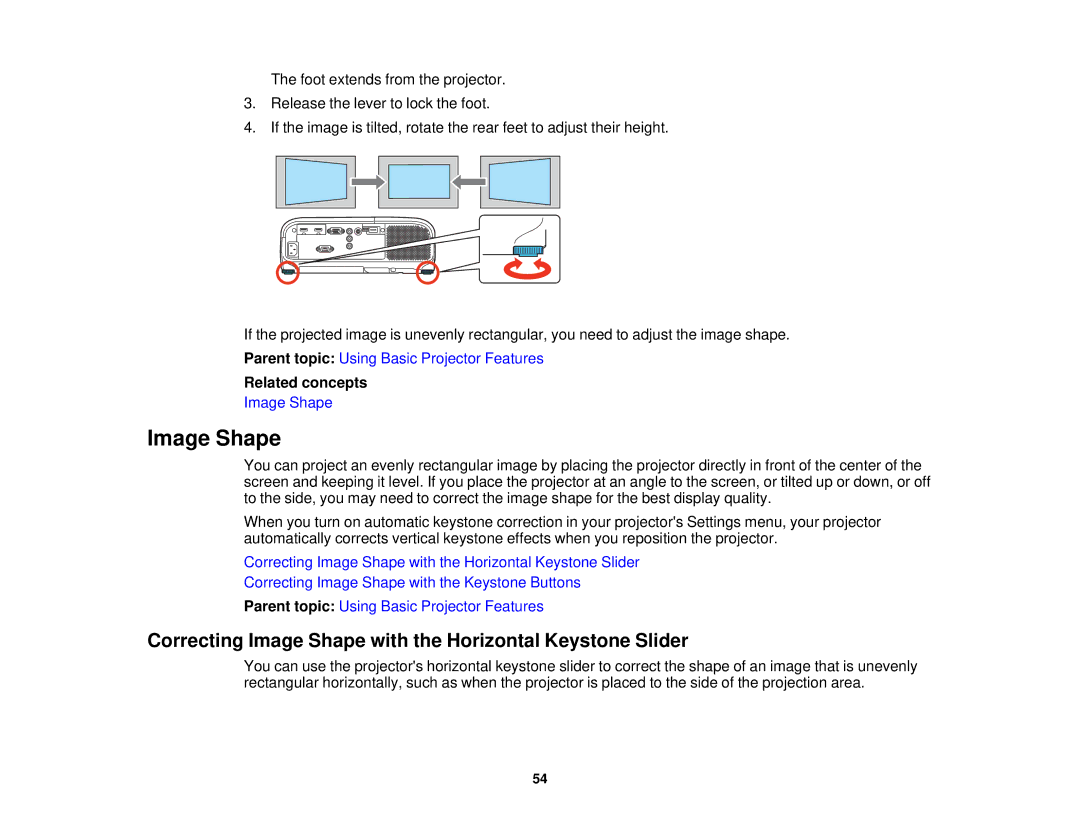 Epson V11H561020 manual Correcting Image Shape with the Horizontal Keystone Slider, Related concepts 