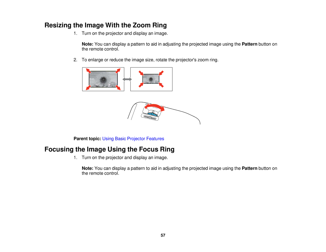 Epson V11H561020 manual Resizing the Image With the Zoom Ring, Focusing the Image Using the Focus Ring 