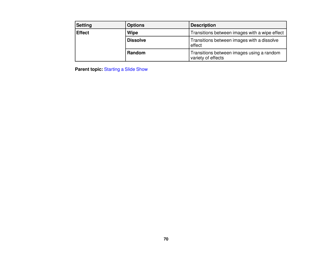 Epson V11H561020 manual Parent topic Starting a Slide Show 