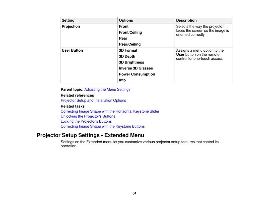 Epson V11H561020 manual Projector Setup Settings Extended Menu, Related references 