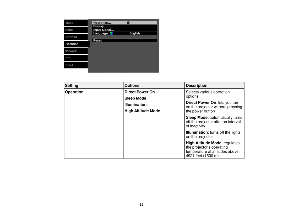 Epson V11H561020 manual Setting Operation Options Description Direct Power On, Sleep Mode, Direct Power On lets you turn 