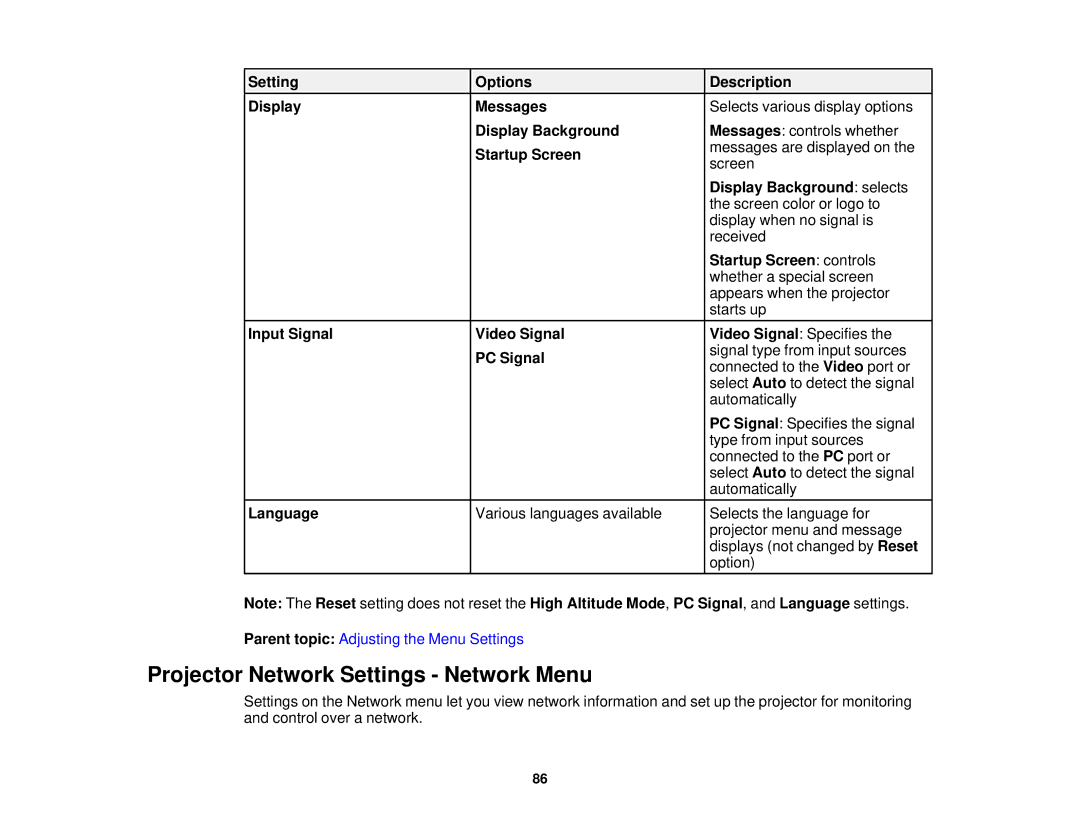 Epson V11H561020 manual Projector Network Settings Network Menu 