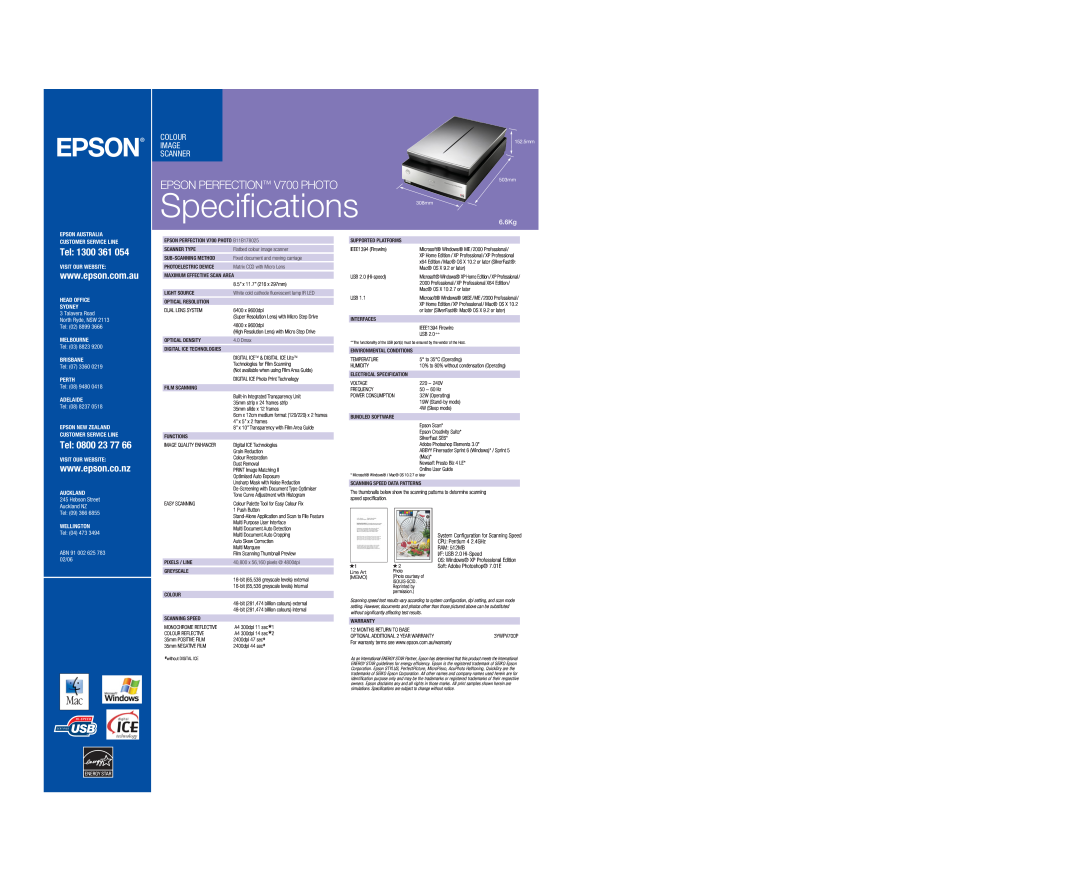 Epson Specifications, EPSON PERFECTION V700 PHOTO, Tel 1300 361, Tel 0800 23 77, Colour Image Scanner, Tel 03 8823 