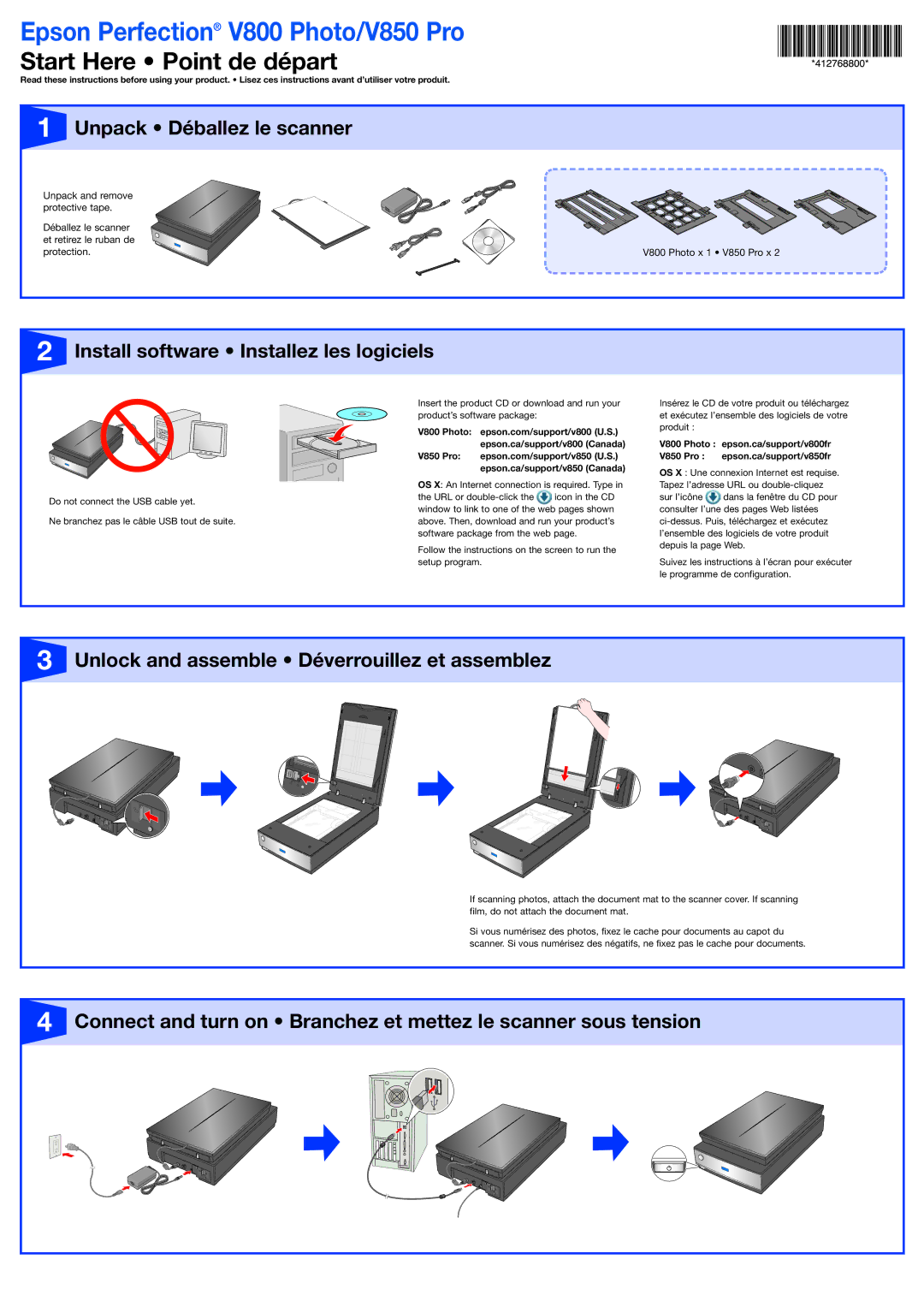 Epson V800 manual Unpack Déballez le scanner, Unlock and assemble Déverrouillez et assemblez 