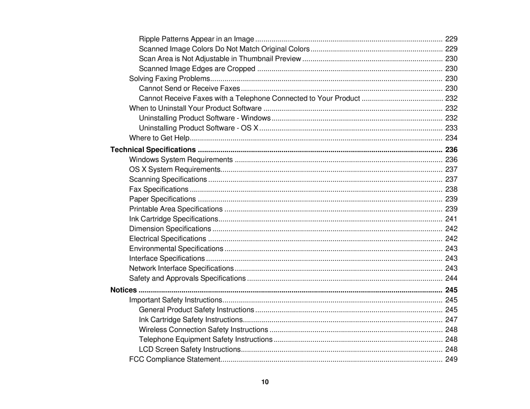 Epson WF-2630 manual Technical Specifications 236, 245 