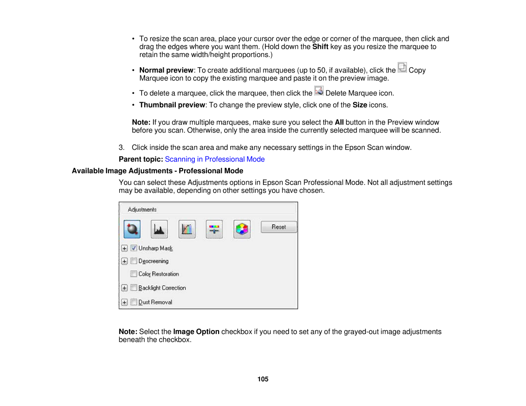 Epson WF-2630 manual Available Image Adjustments Professional Mode 