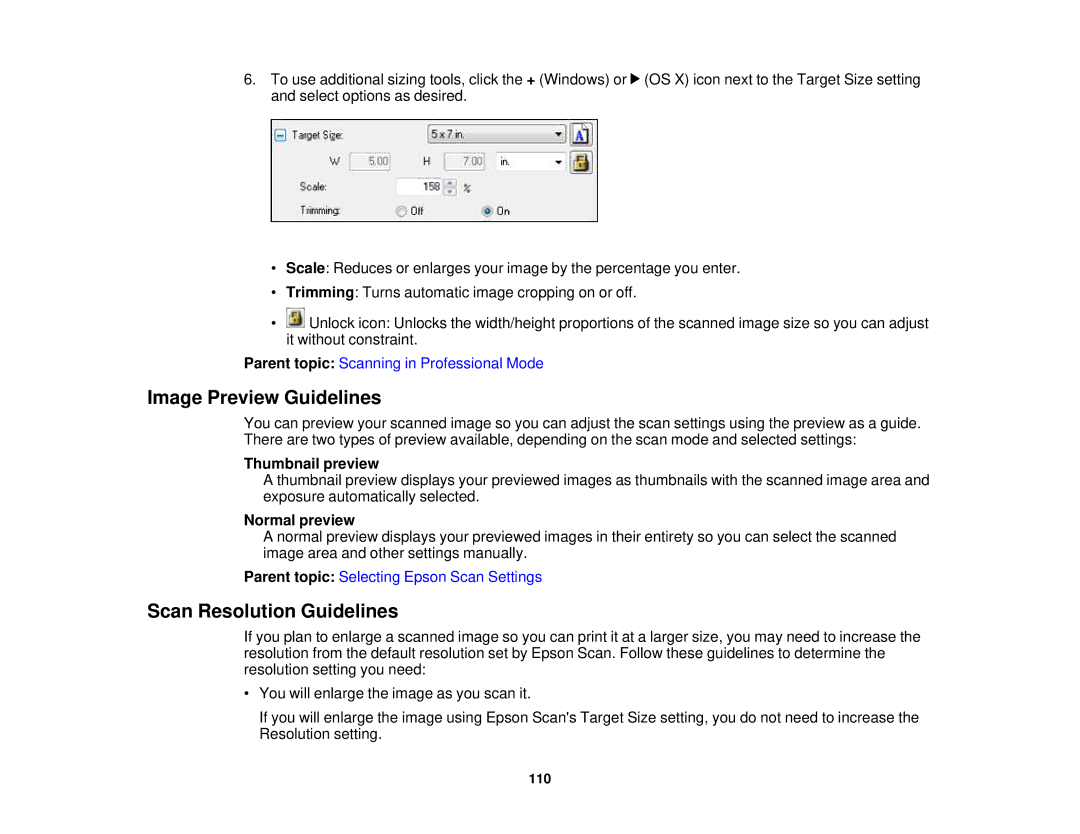 Epson WF-2630 manual Image Preview Guidelines, Scan Resolution Guidelines, Thumbnail preview, Normal preview 