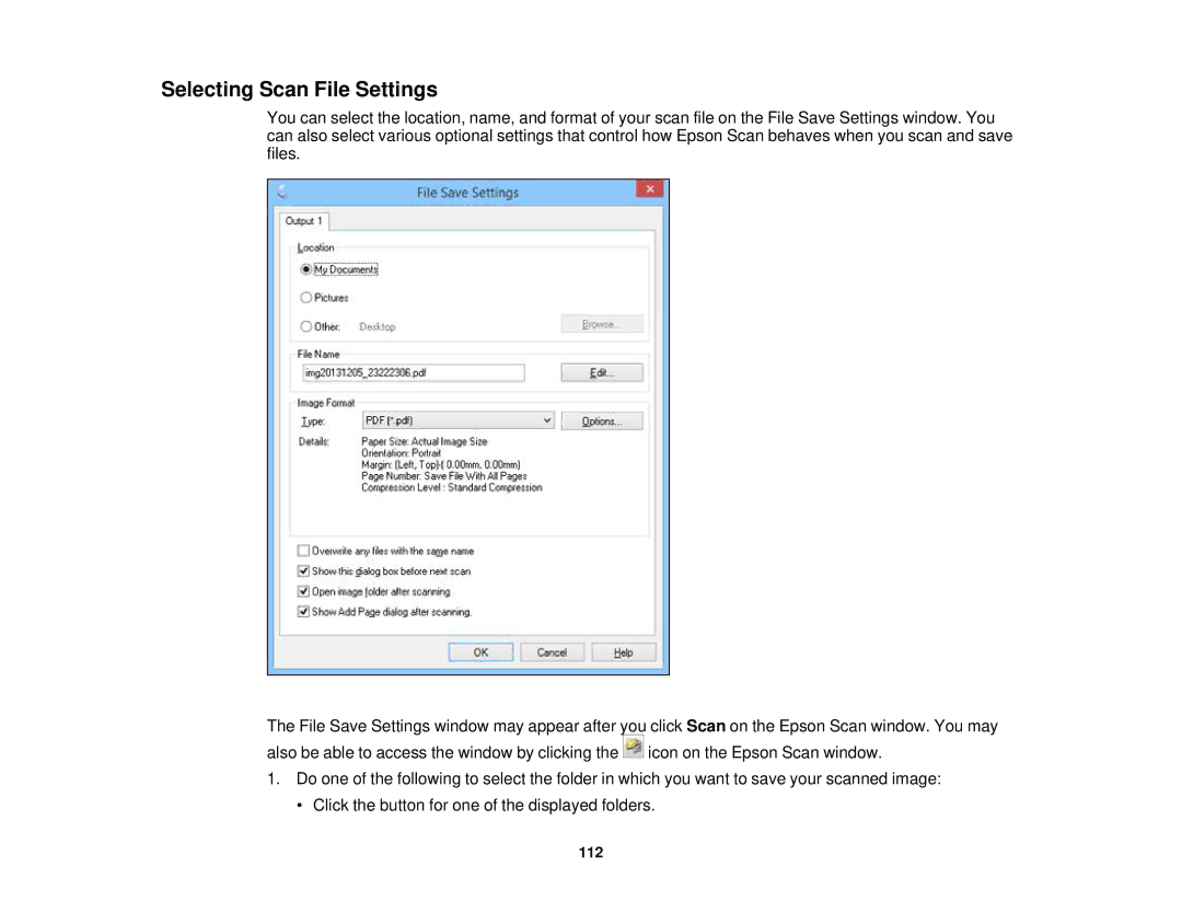 Epson WF-2630 manual Selecting Scan File Settings 