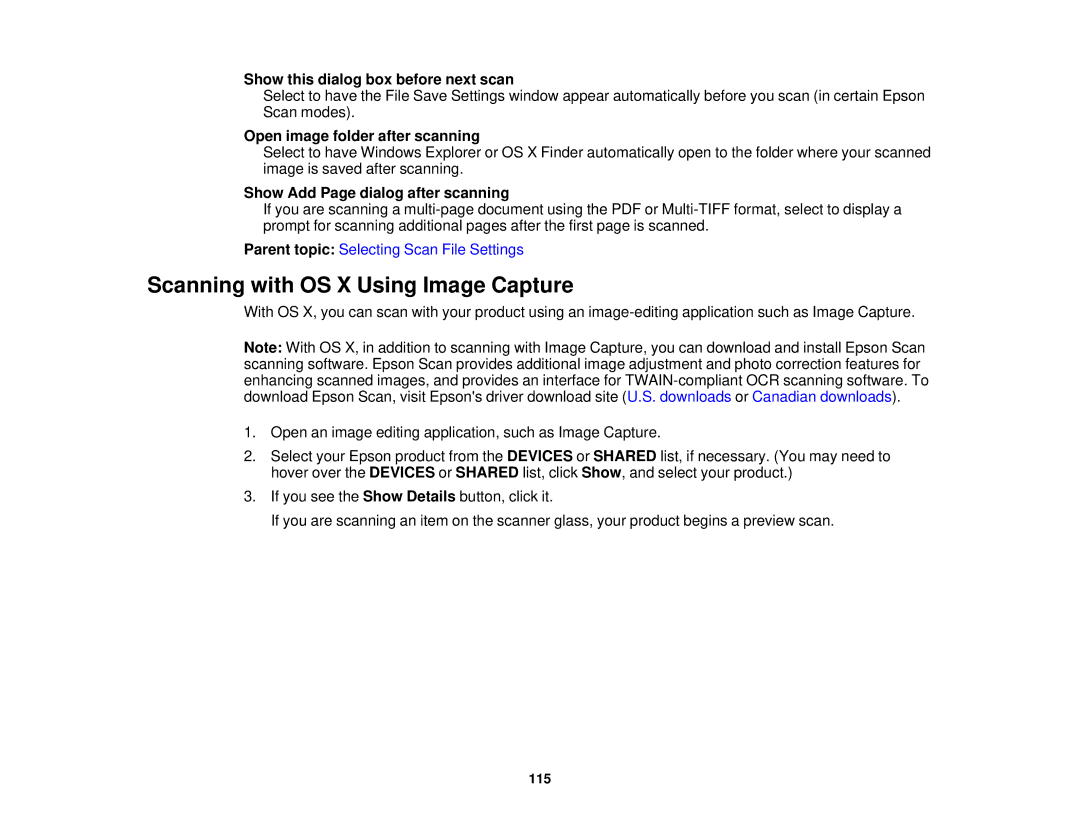 Epson WF-2630 manual Scanning with OS X Using Image Capture, Show this dialog box before next scan 