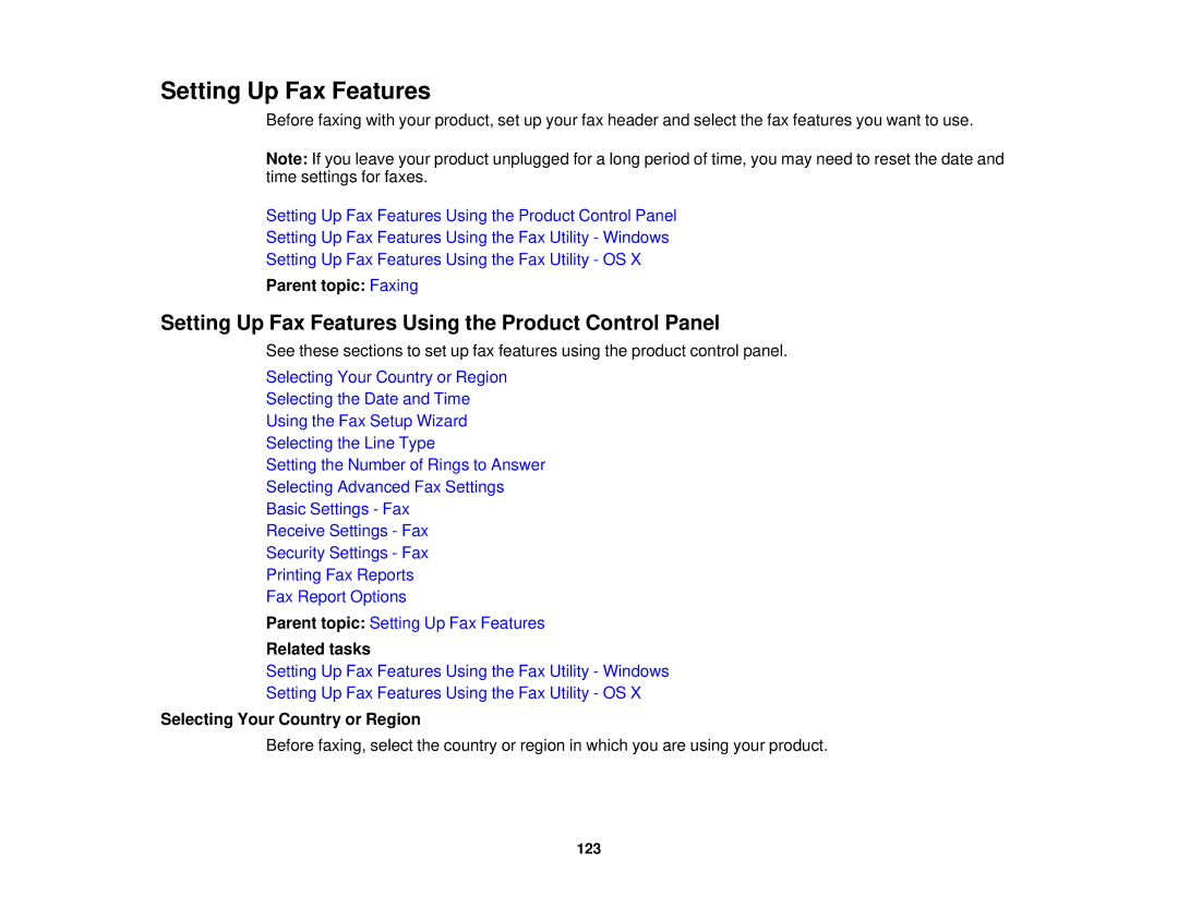 Epson WF-2630 manual Setting Up Fax Features Using the Product Control Panel, Parent topic Faxing 